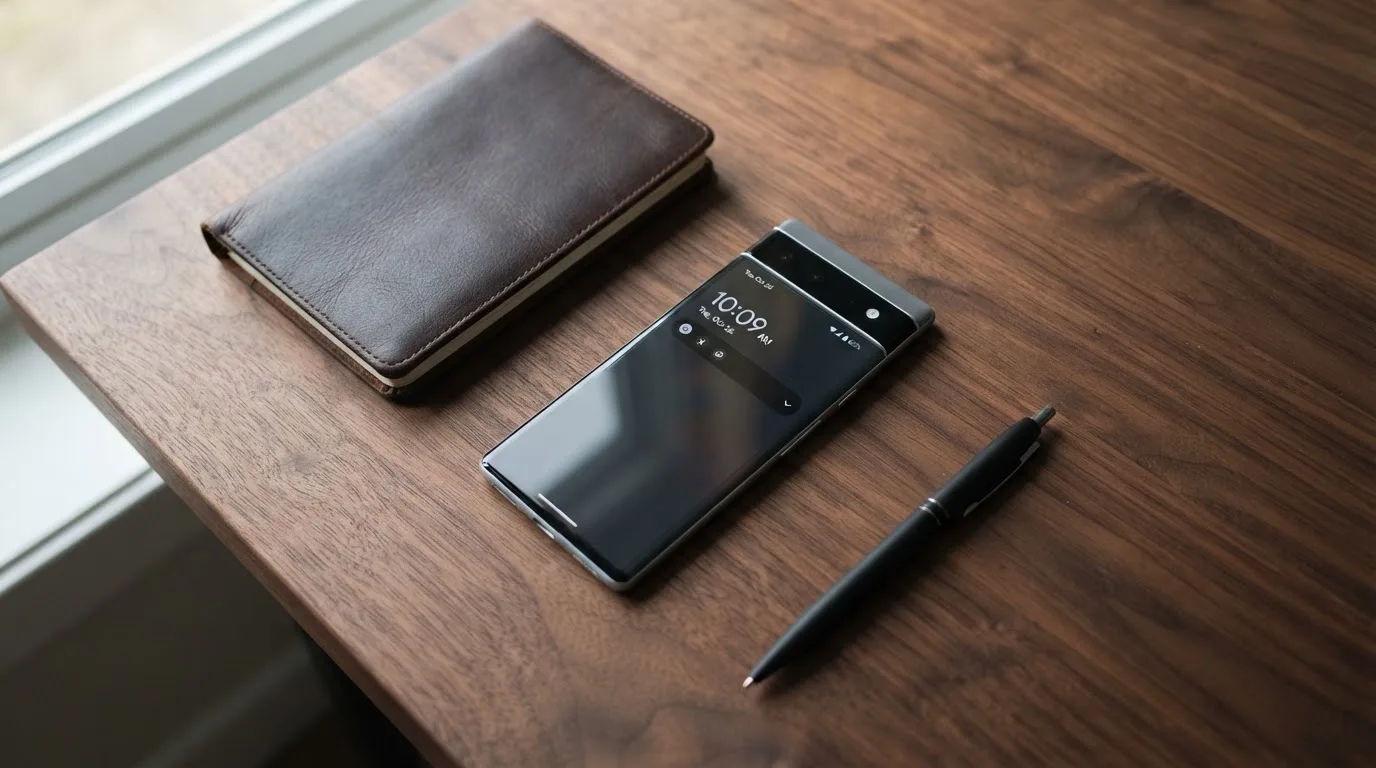 Ein Smartphone mit dunklem Display liegt neben einem Notizbuch und einem Kugelschreiber auf einem Tisch.
