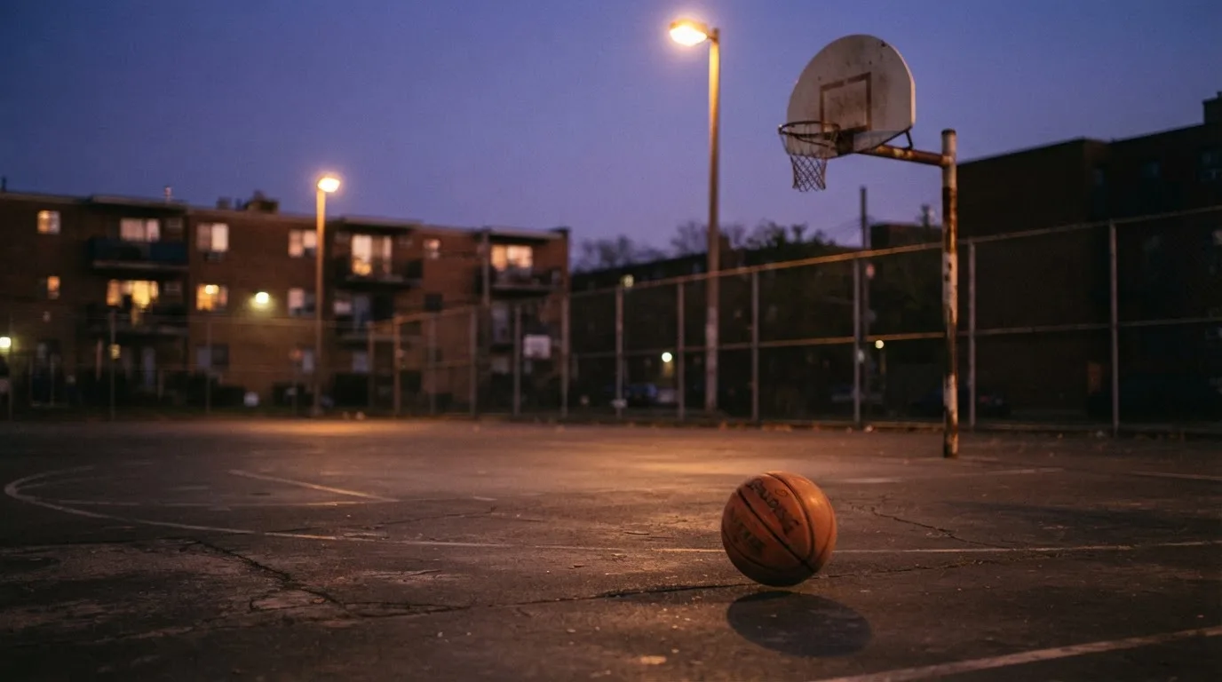 Ein Basketball rollt auf einem Freiluftplatz in der Abenddämmerung zu einem Korb, die Straßenlaternen leuchten bereits.