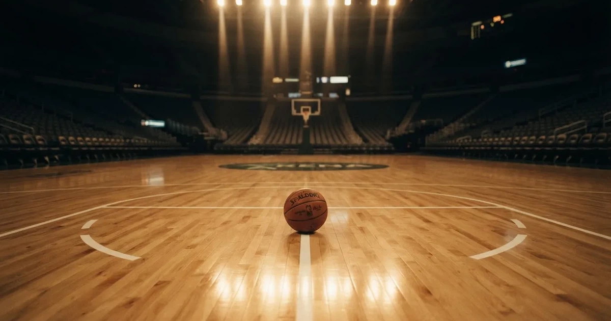 Ein Basketball liegt auf dem Parkettboden einer leeren Arena, Scheinwerfer werfen Licht auf die Mittellinie.