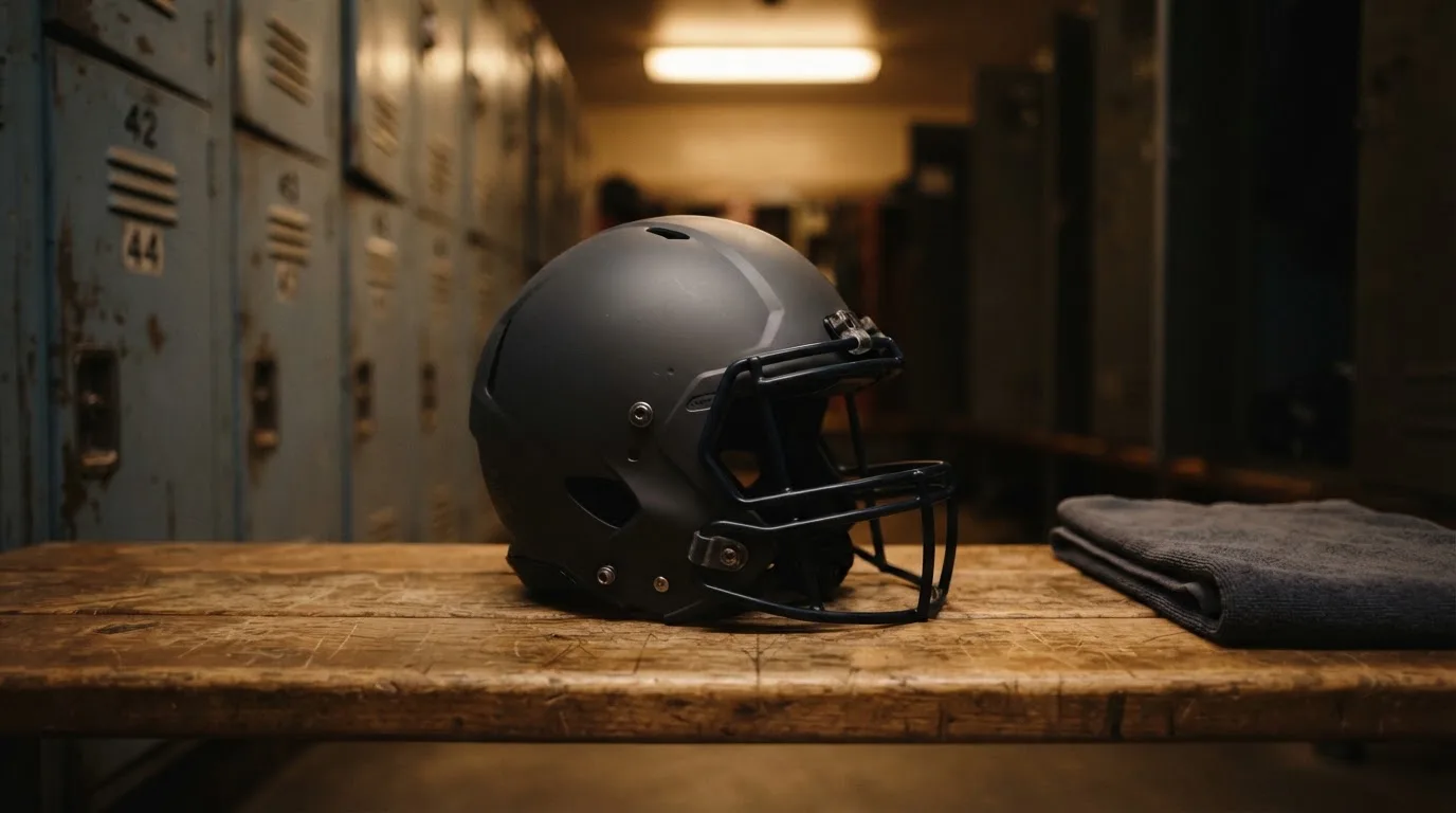 Ein neutraler Footballhelm ohne Aufdruck steht auf einer Holzbank in einer Umkleidekabine.