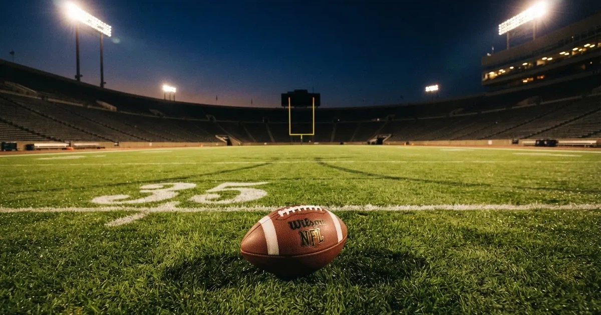 Ein American Football liegt auf dem Rasen eines leeren Stadions unter Flutlicht, die Torstangen ragen im Hintergrund auf.