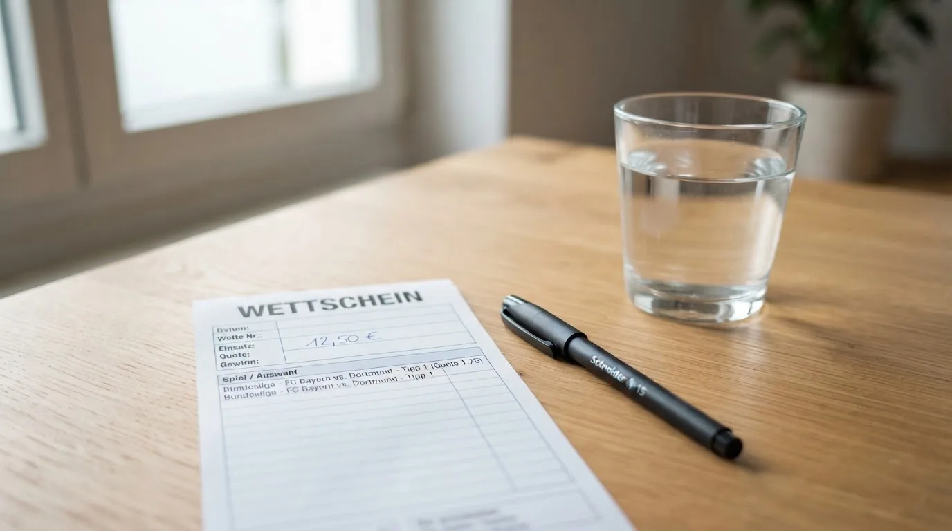 Ein leerer Wettschein aus Papier liegt neben einem Stift auf einem Tisch, daneben ein Glas Wasser.
