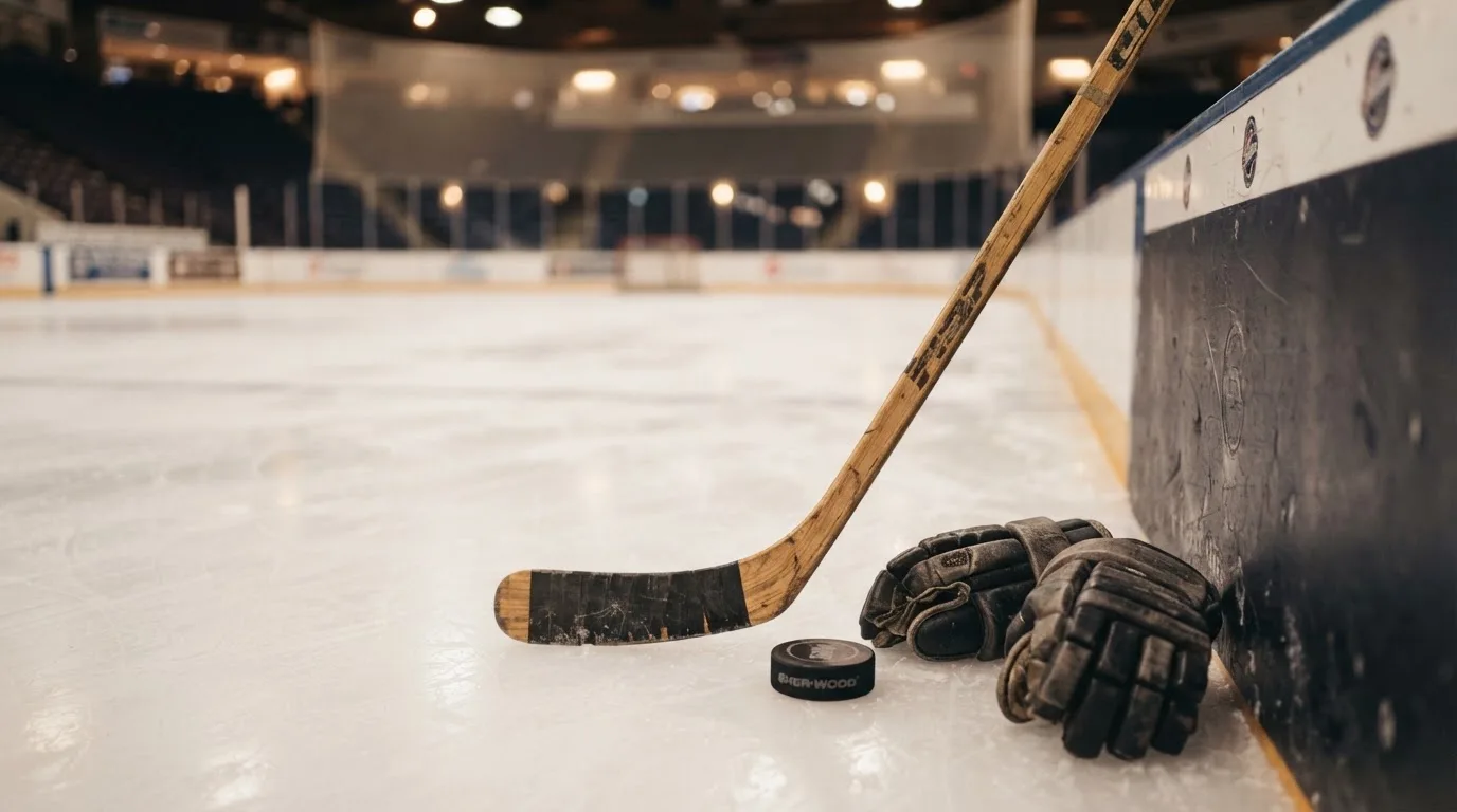 Ein Eishockeyschläger lehnt an einer Bande, daneben liegen ein Puck und ein Paar Handschuhe in einer Eishalle.