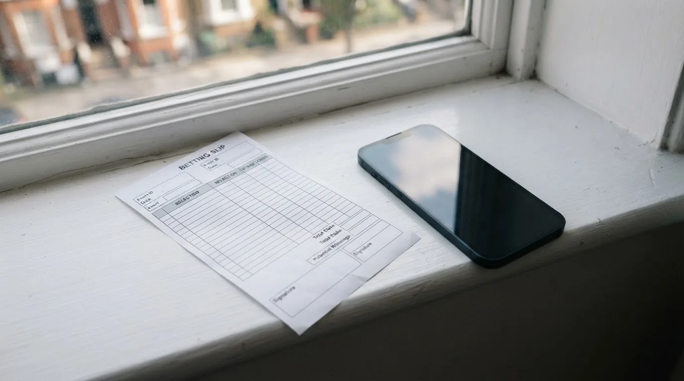 Ein leerer Wettschein aus Papier und ein Smartphone mit dunklem Display liegen auf einer Fensterbank im Tageslicht.