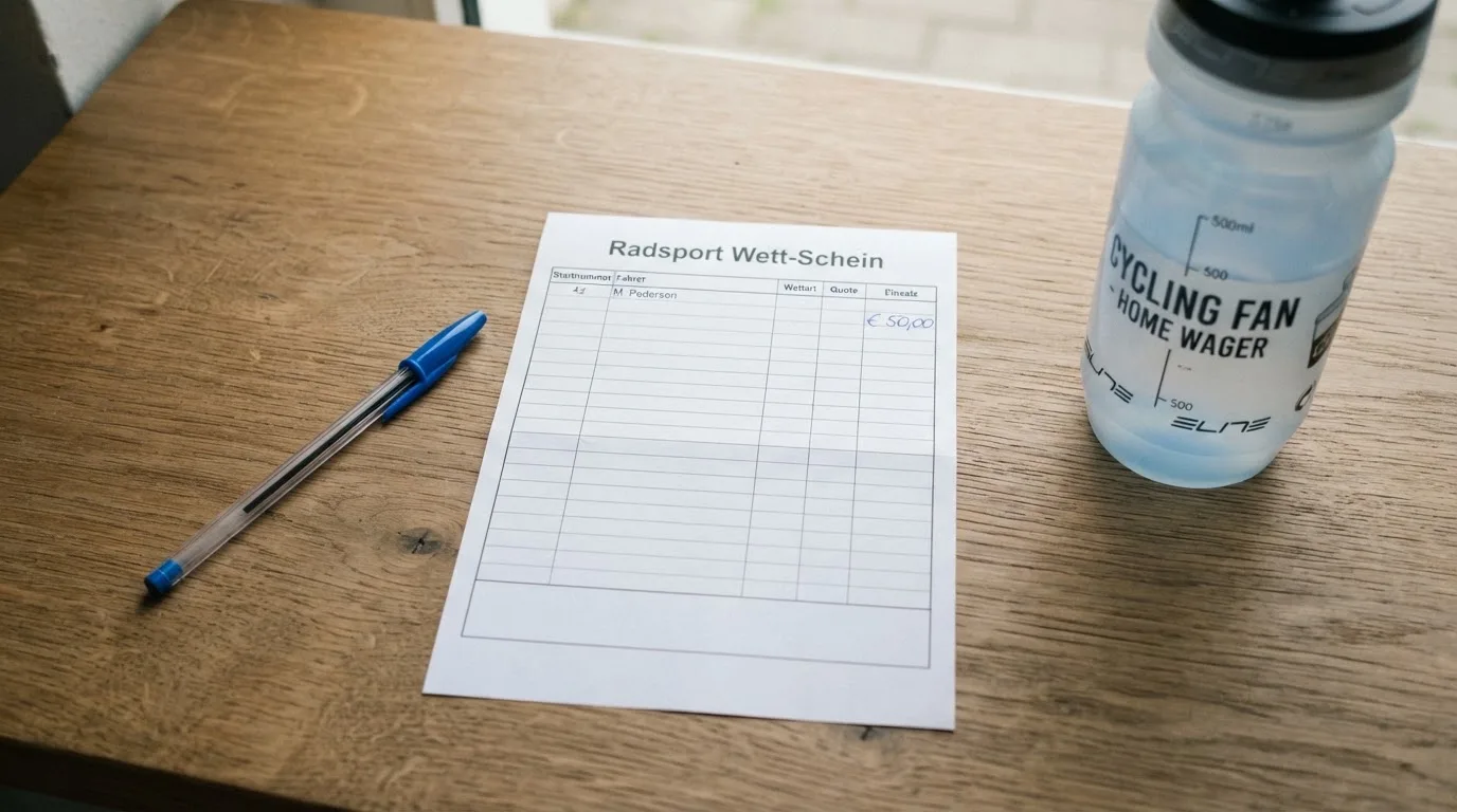 Ein leerer Wettschein aus Papier liegt neben einer Trinkflasche und einem Stift auf einem Tisch.