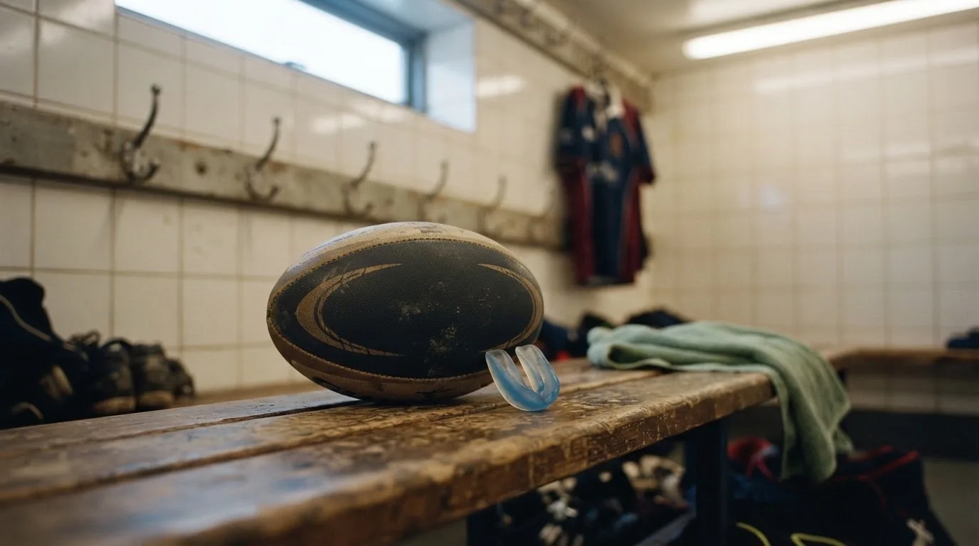Ein Rugbyball und ein Mundschutz liegen auf einer Holzbank neben einer Reihe Kleiderhaken in einer Umkleide.