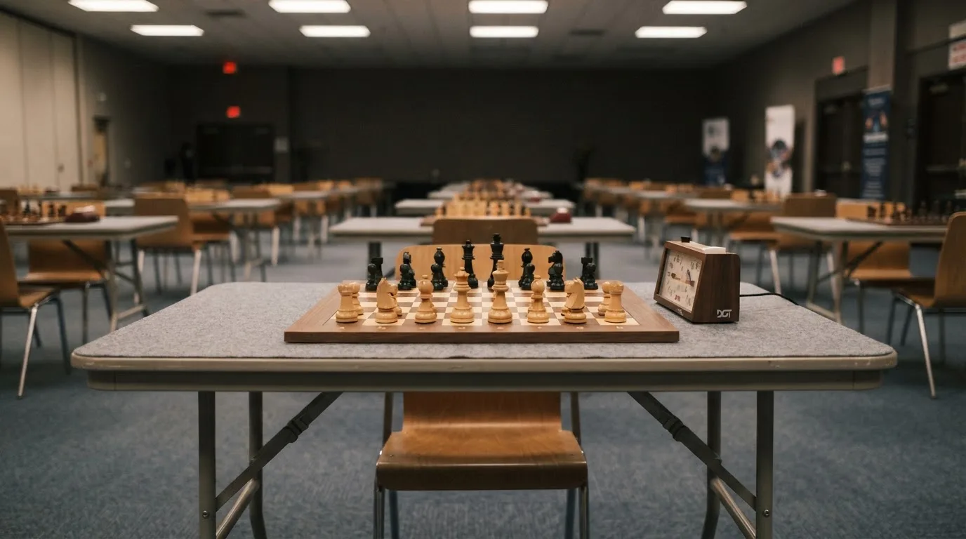 Ein Schachbrett und eine Schachuhr stehen auf einem Tisch in einem leeren Turniersaal, die Stühle sind ordentlich zurückgeschoben.