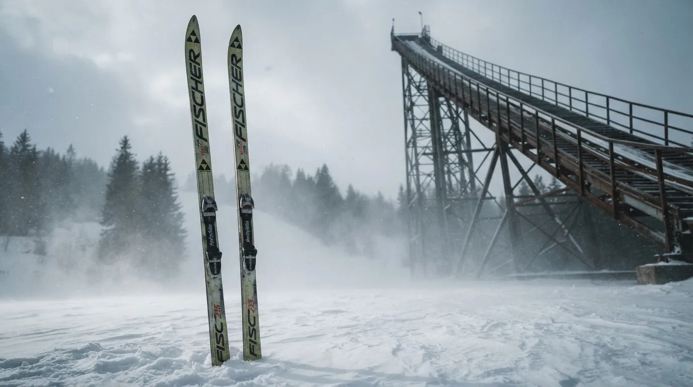 Ein Paar Skier steckt aufrecht im Schnee neben einem Anlaufturm, im Hintergrund wirbelt feiner Schnee im Wind.
