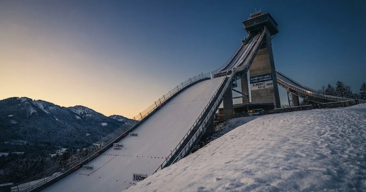 Eine Skisprungschanze im Schnee, von unten gesehen, vor einem klaren Winterhimmel in der Dämmerung, ohne Menschen.