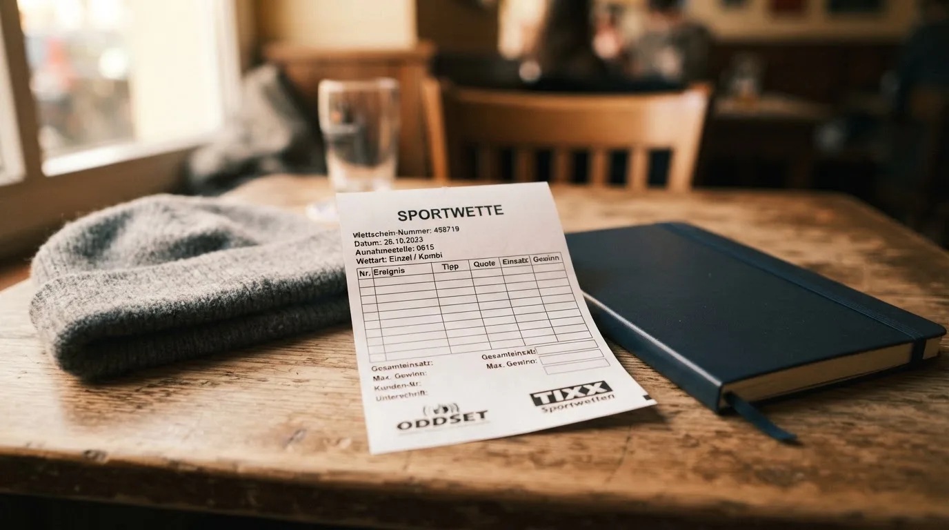 Ein leerer Wettschein aus Papier und ein Notizbuch liegen neben einer Wollmütze auf einem Holztisch.