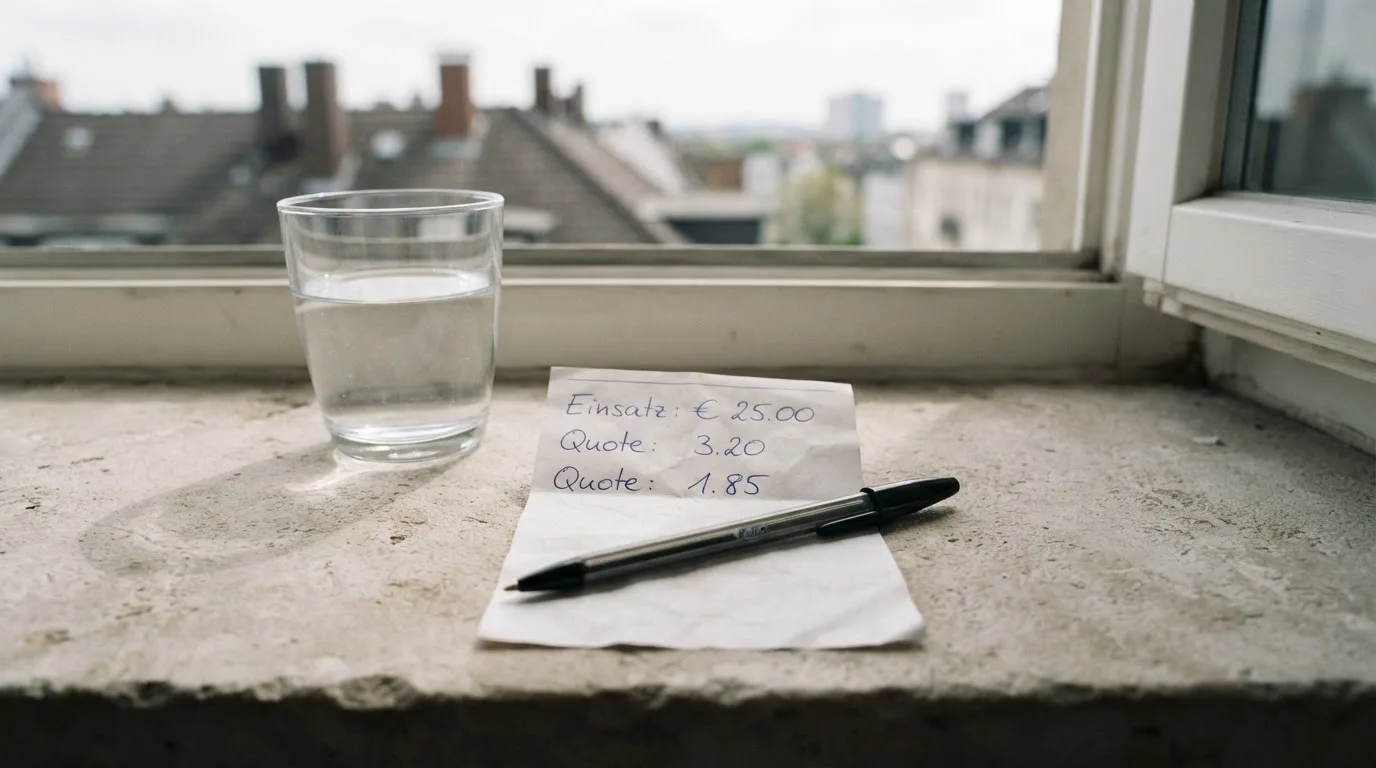 Ein leerer Wettschein aus Papier und ein Kugelschreiber liegen neben einem Glas Wasser auf einer Fensterbank.