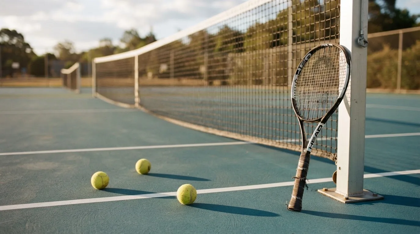 Ein Tennisschläger lehnt an einem Netzpfosten, daneben liegen drei Bälle auf einem Hartplatz in warmem Nachmittagslicht.