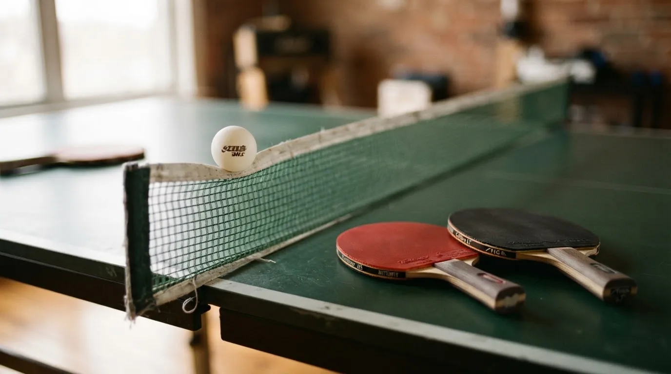 Ein weißer Ball liegt in Nahaufnahme auf der Netzkante einer Tischtennisplatte, daneben zwei Holzschläger mit rotem und schwarzem Belag.