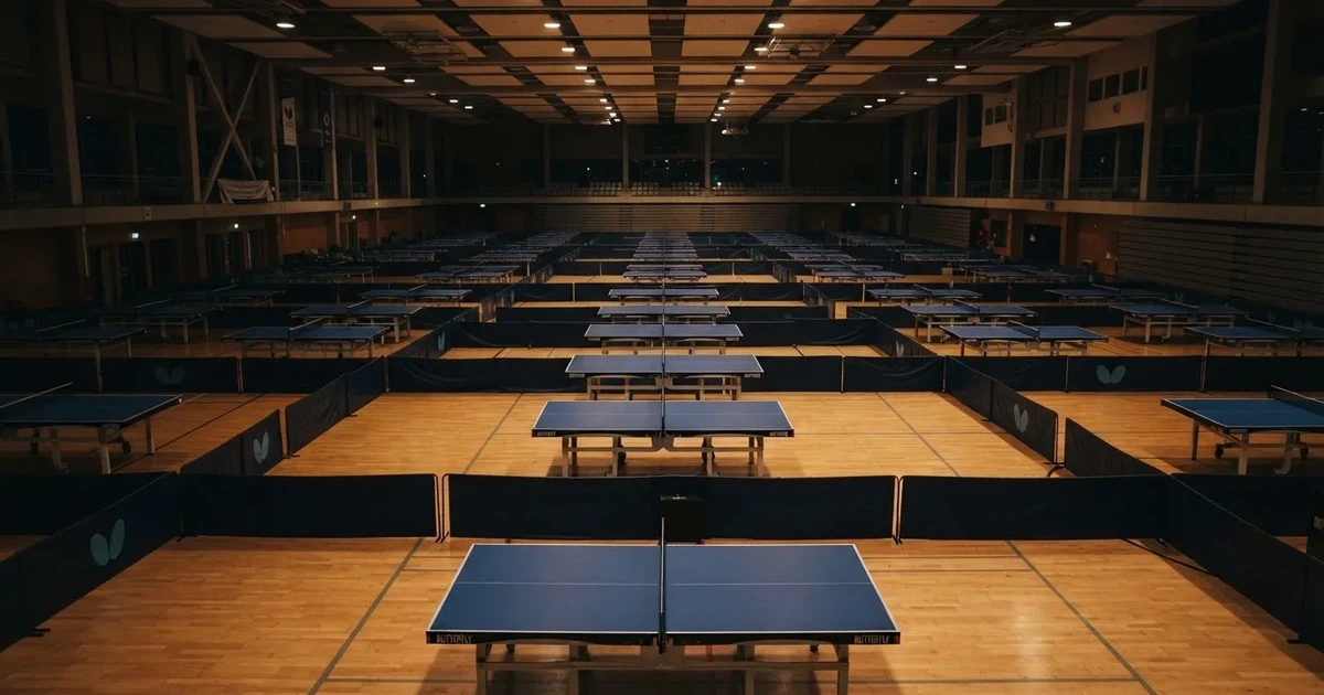 Eine Tischtennishalle aus erhöhter Perspektive mit mehreren blauen Tischen in Reihen unter gedämpftem Hallenlicht, ohne Personen.