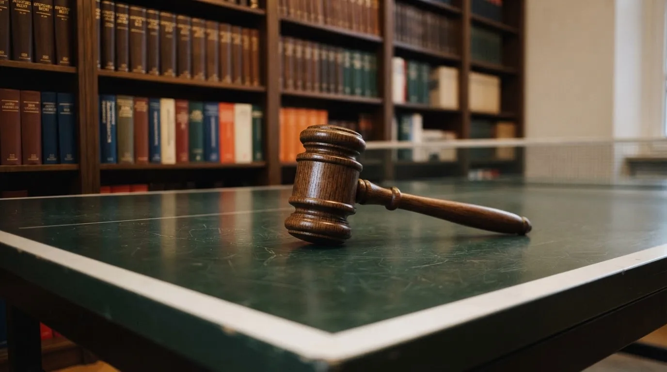 Ein Richterhammer aus Holz liegt auf einer polierten Tischplatte, dahinter eine unscharfe Bücherwand.