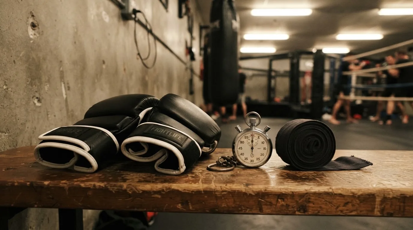 Ein Paar Kampfhandschuhe und eine Stoppuhr liegen auf einer Bank im Trainingsraum neben einer aufgerollten Handbandage.