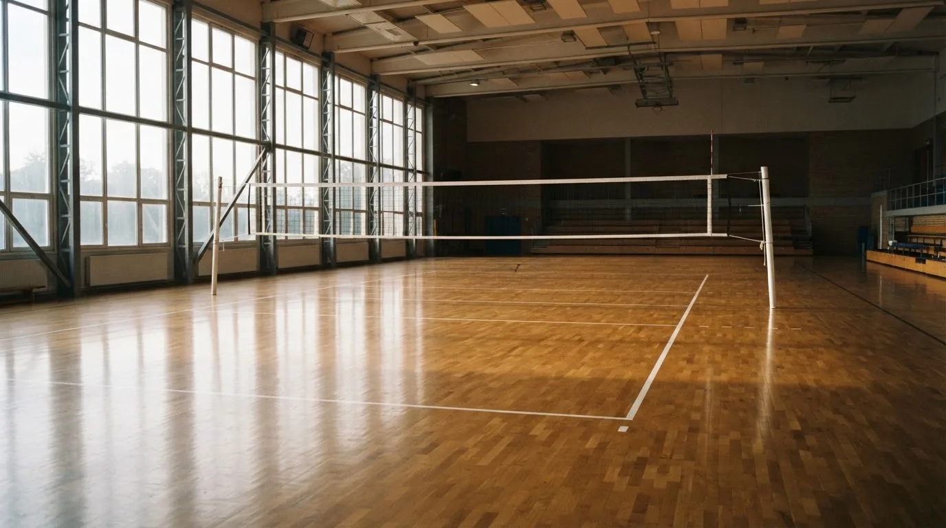 Eine leere Sporthalle mit gespanntem Volleyballnetz und glänzendem Parkett, durch hohe Fenster fällt Tageslicht.