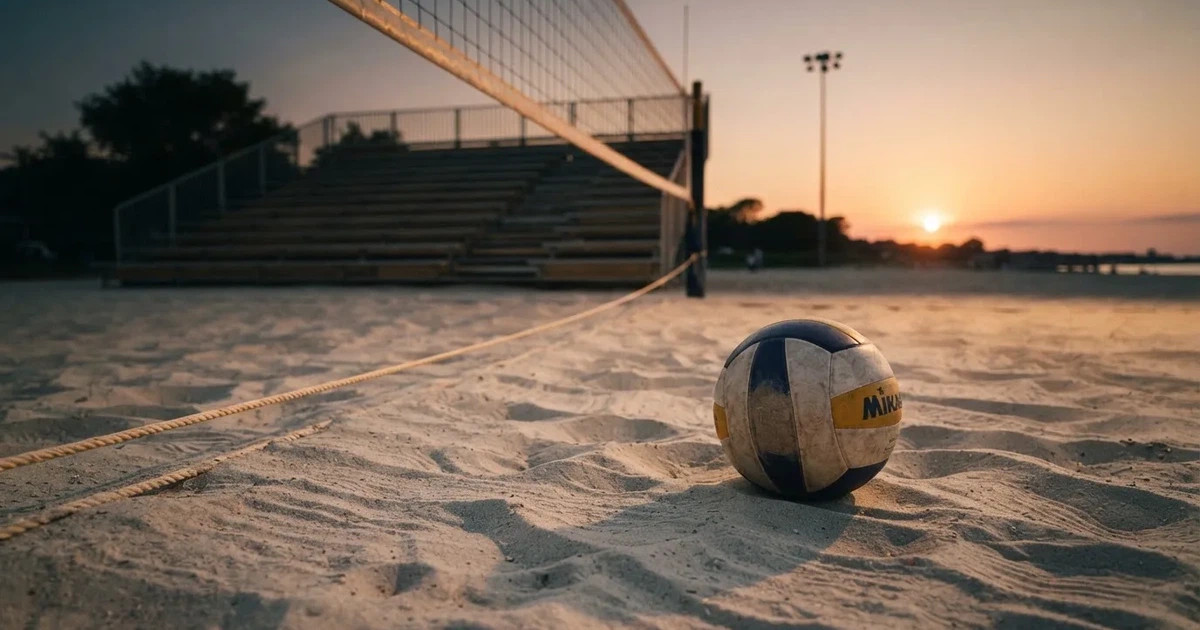 Ein Volleyball liegt auf dem Sand eines Beachvolleyball-Feldes neben dem gespannten Netz, im Hintergrund eine leere Tribüne bei Abendlicht.