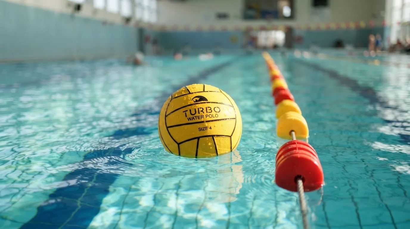 Ein gelber Wasserball treibt in Nahaufnahme auf der Wasseroberfläche neben einer Leine mit Bojen.