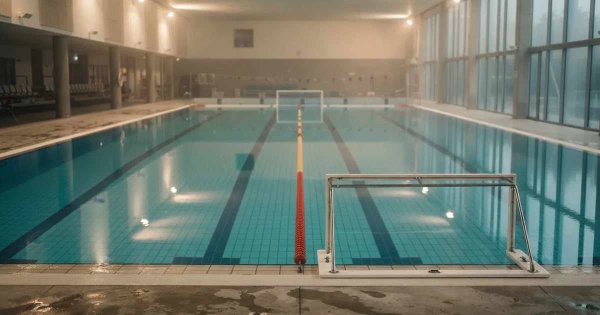 Ein Schwimmbecken mit türkisfarbenem Wasser und zwei schwimmenden Torrahmen am gegenüberliegenden Beckenrand, menschenleer unter Hallenlicht.