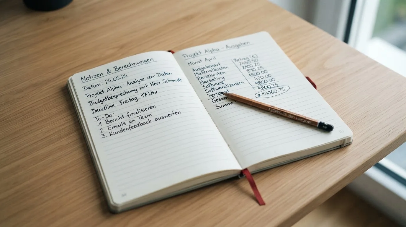 Ein Notizbuch mit handschriftlichen Spalten und einem Bleistift liegt auf einem Schreibtisch neben einem Taschenrechner.