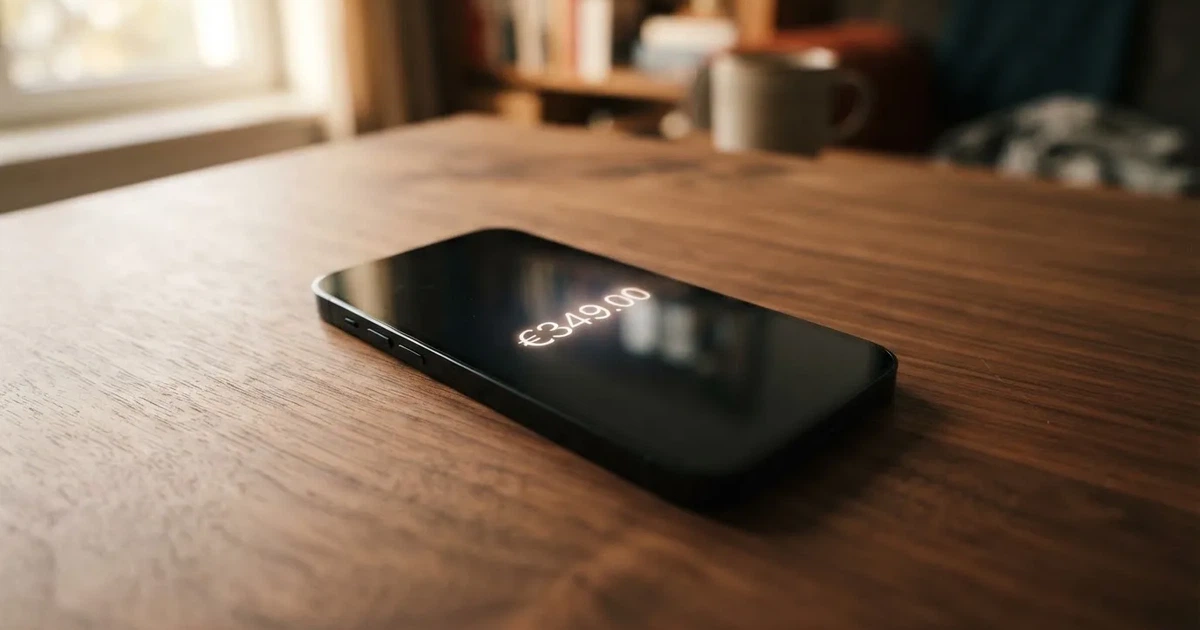 Mehrere Smartphones unterschiedlicher Größe liegen nebeneinander auf einem Holztisch, die Bildschirme sind dunkel.