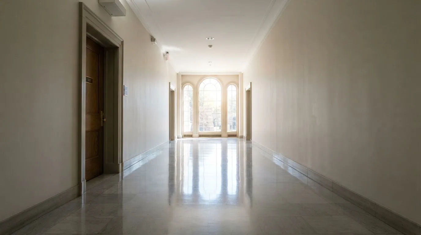 Ein leerer Amtsflur mit hohen Fenstern und glänzendem Steinboden, durch die Fenster fällt das Licht eines Vormittags.