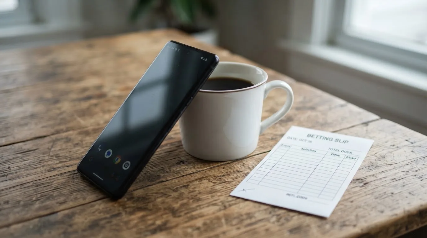 Ein Smartphone mit dunklem Bildschirm lehnt an einer Kaffeetasse auf einem Holztisch, daneben ein blanker Papier-Wettschein.