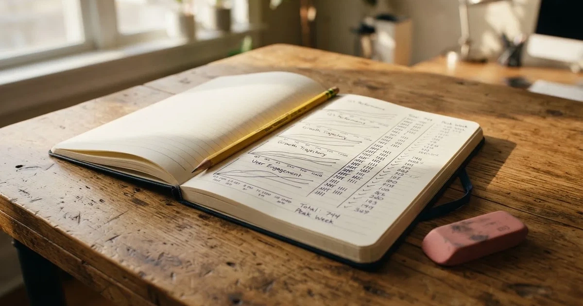Ein Notizbuch mit handgezeichneten Kurven und Strichlisten liegt aufgeschlagen neben Bleistift und Radiergummi auf einem Schreibtisch im Tageslicht.