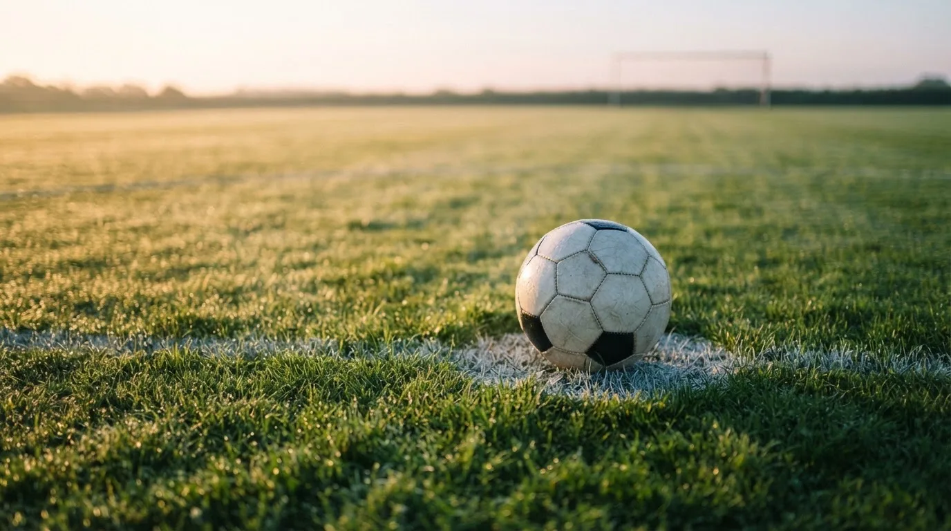 Ein Fußball liegt auf dem Anstoßpunkt eines Rasenplatzes im ersten Morgenlicht, Tau glänzt auf dem Gras.