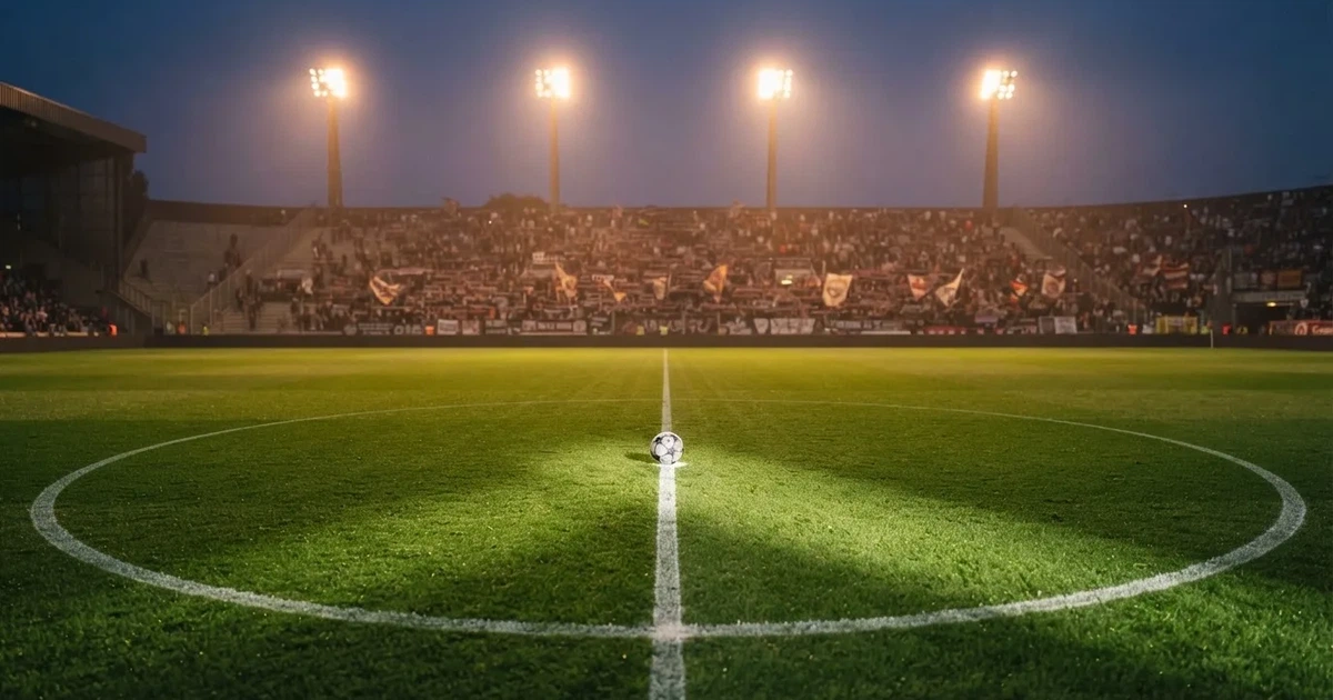 Ein Rasenplatz in der Dämmerung mit eingeschalteten Flutlichtmasten, ein Ball liegt am Anstoßpunkt, die Tribünen im Hintergrund sind unscharf.
