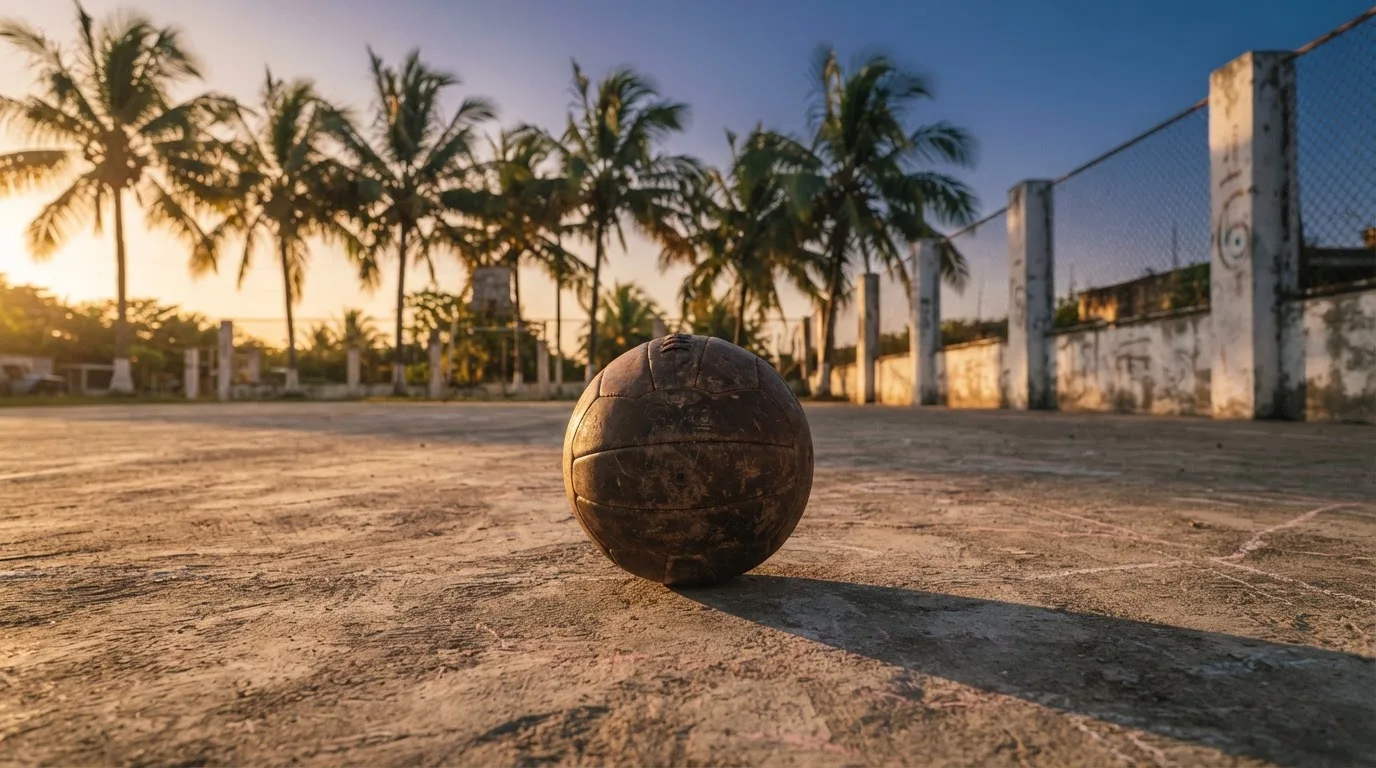Ein Fußball liegt auf einem staubigen Bolzplatz mit Palmen im Hintergrund in warmem Abendlicht.