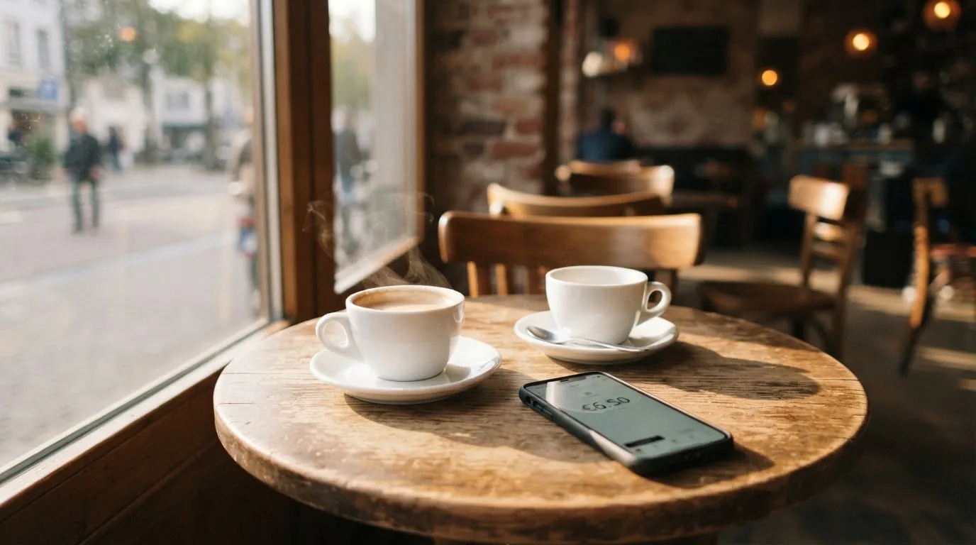Zwei Kaffeetassen und ein dunkles Smartphone stehen auf einem Café-Tisch am Fenster im Morgenlicht.