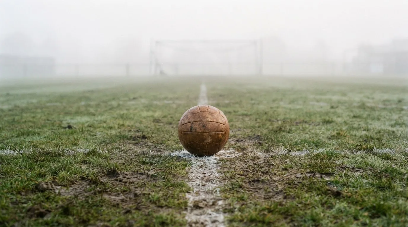 Ein abgewetzter Fußball liegt auf dem Anstoßkreis eines Naturrasens im Morgennebel.