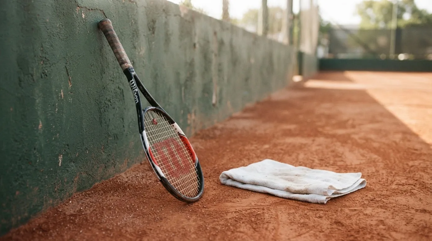 Ein Tennisschläger lehnt an einer dunkelgrünen Bande ohne Aufschrift auf einem Sandplatz, daneben liegt ein Handtuch.