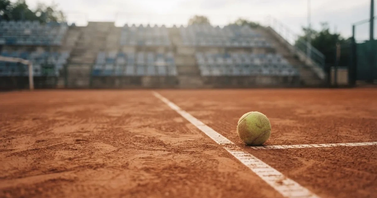 Ein Sandplatz mit rötlichem Belag und gezogenen weißen Linien, ein einzelner Tennisball liegt neben der Linie, im Hintergrund eine leere Tribüne.