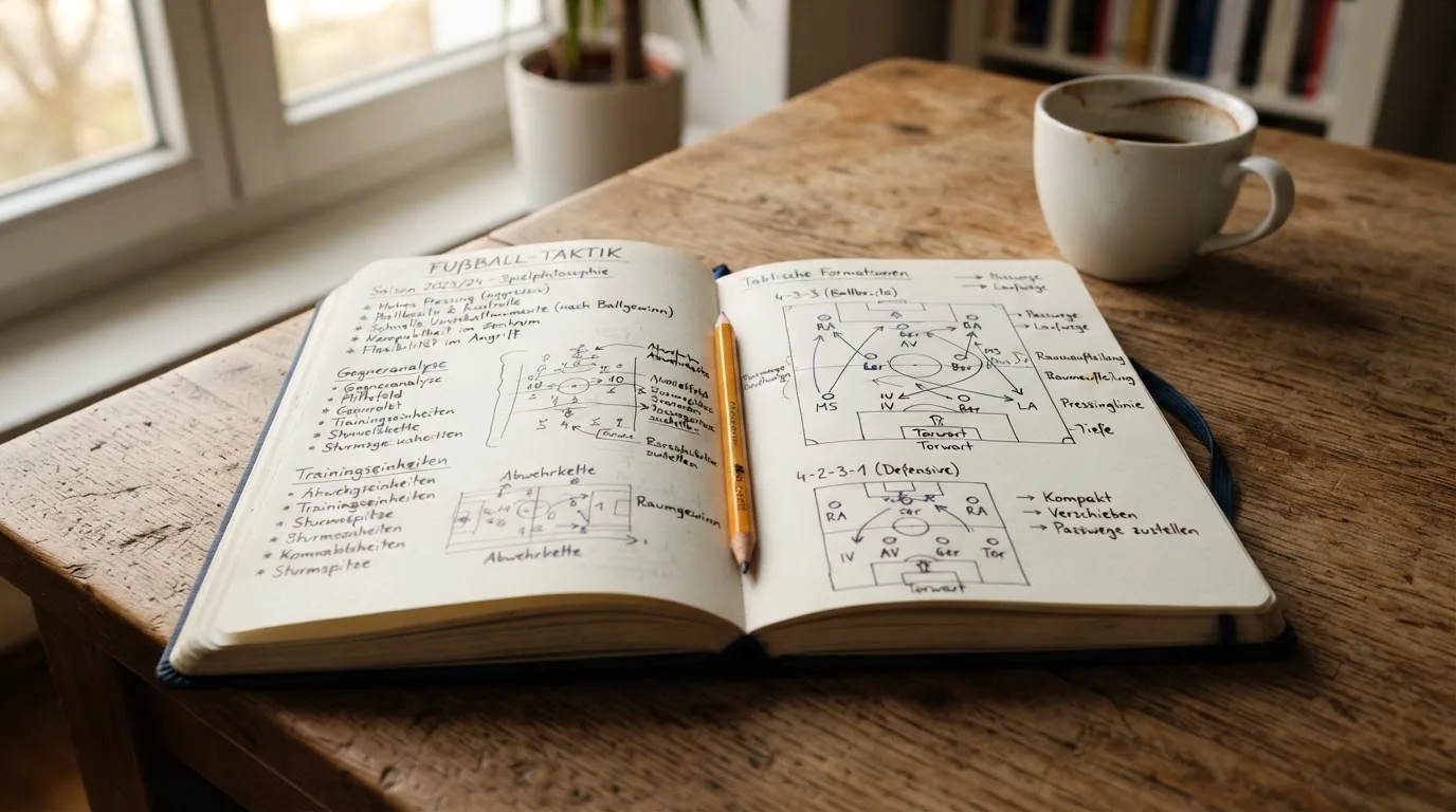 Ein aufgeschlagenes Notizbuch mit handschriftlichen Skizzen liegt neben einem Bleistift auf einem Holztisch, daneben eine Tasse Kaffee.