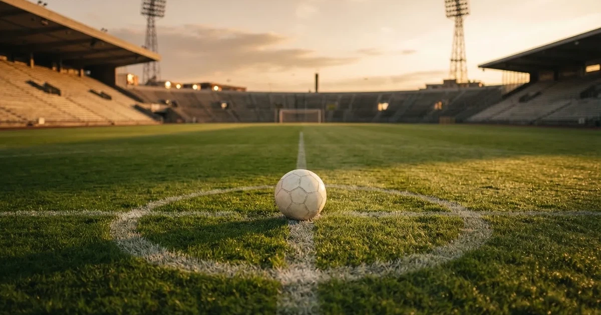 Ein Fußball liegt auf dem Anstoßpunkt eines leeren Rasenplatzes, im Hintergrund eine Tribüne und Flutlichtmasten in der Abenddämmerung.