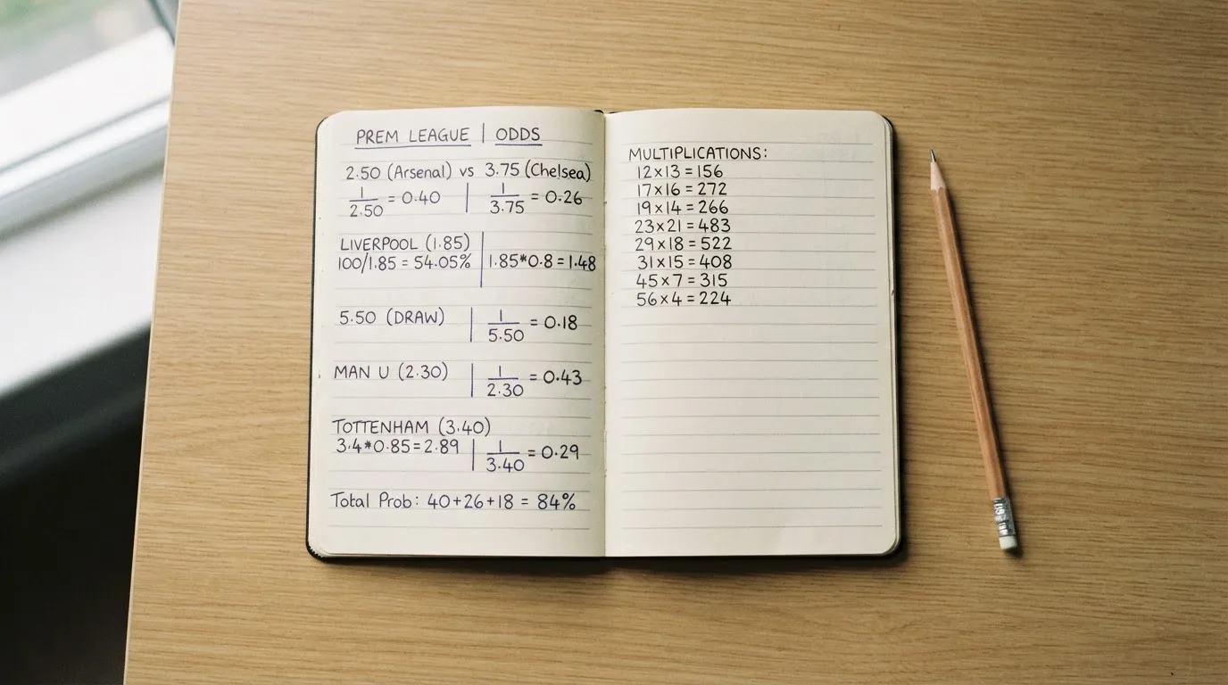 Ein Taschenrechner und ein Bleistift liegen auf einem Schreibtisch neben einem aufgeschlagenen Notizbuch mit handschriftlichen Zahlenreihen.