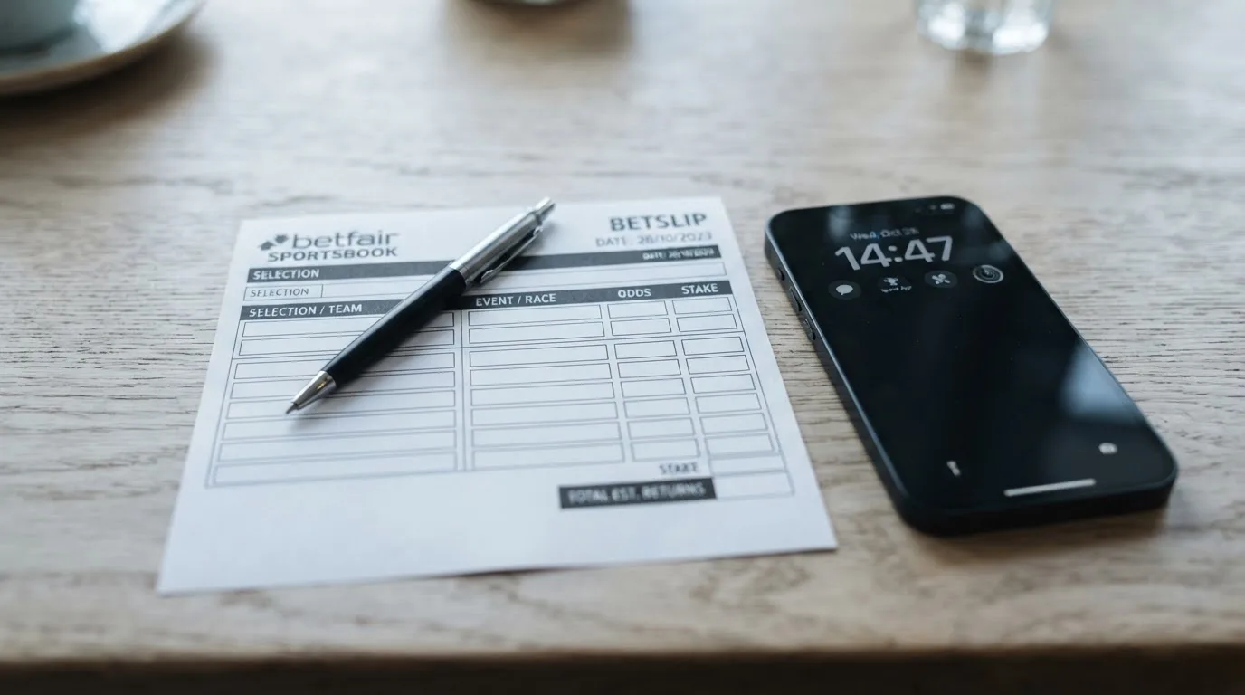 Ein leerer Papier-Wettschein liegt neben einem Smartphone mit dunklem Display auf einer hellen Tischplatte, daneben ein Kugelschreiber.