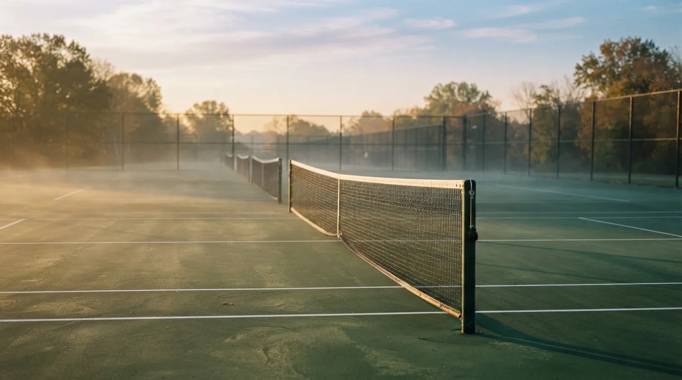 Ein Tennisplatz bei Sonnenaufgang, Netz und Grundlinien im weichen Licht, niemand ist zu sehen.