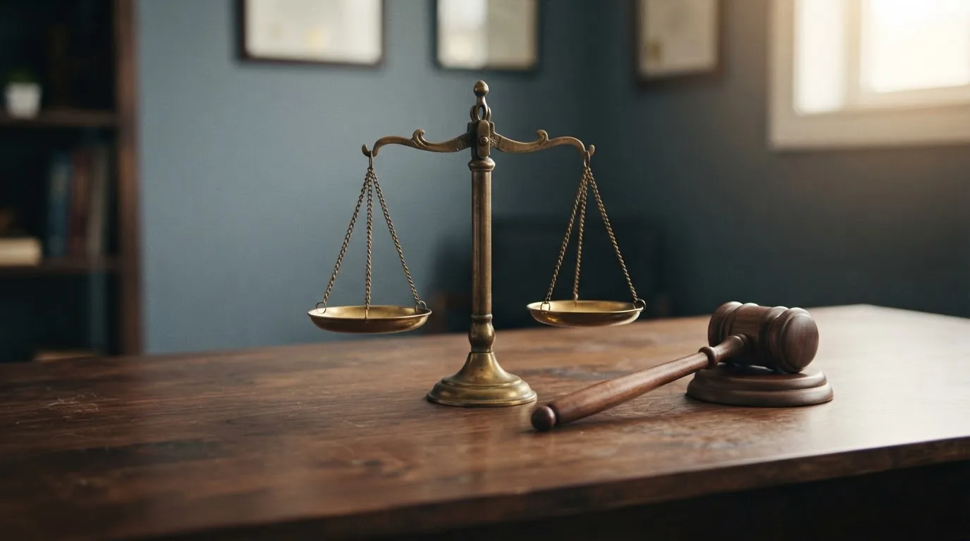 Eine Balkenwaage aus Messing steht im Gleichgewicht auf einem dunklen Pult neben einem hölzernen Richterhammer, dahinter eine unscharfe Wand.