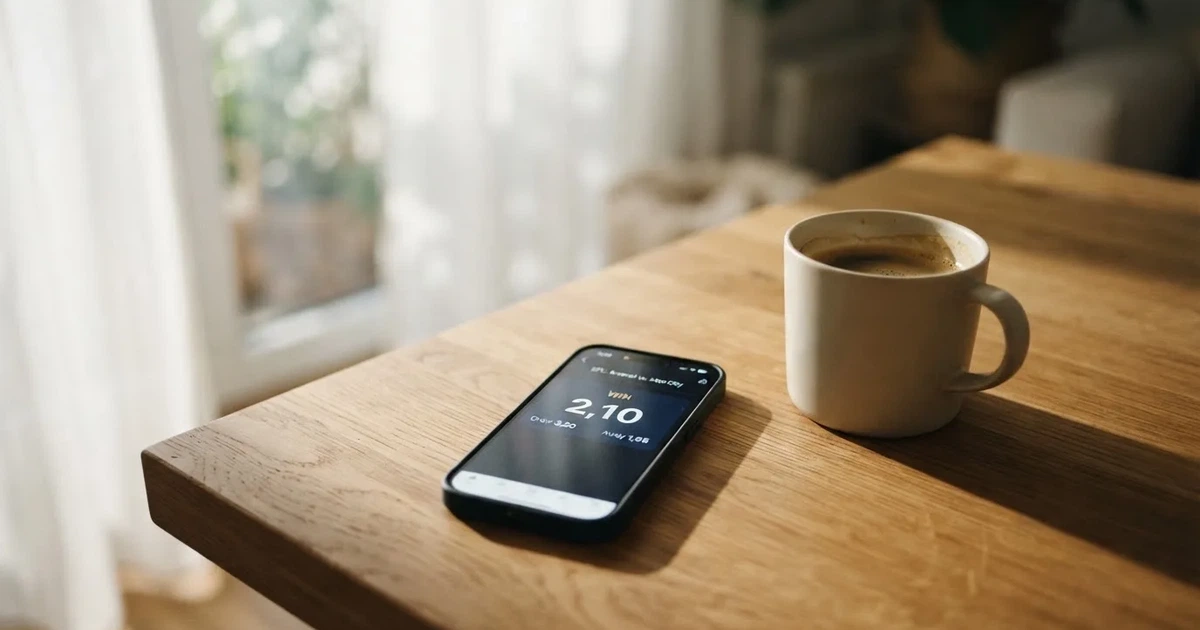 Ein Smartphone mit dunklem Display liegt auf einem Holztisch neben einer Tasse Kaffee, im Hintergrund ein unscharfes Fenster.