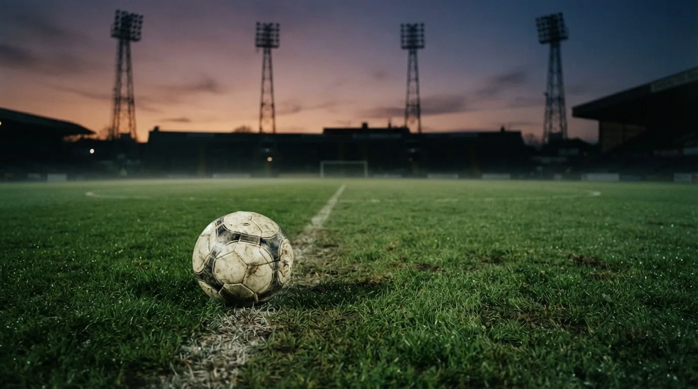 Ein Fußball liegt im Gras eines leeren Platzes, im Hintergrund stehen Flutlichtmasten in der Dämmerung.