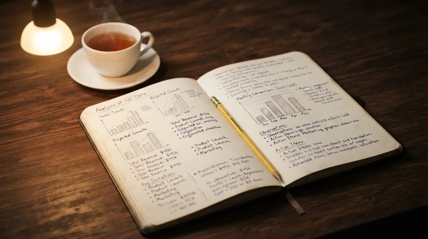 Ein aufgeschlagenes Notizbuch mit handschriftlichen Skizzen und ein Bleistift liegen auf einem Schreibtisch neben einer Tasse Tee.