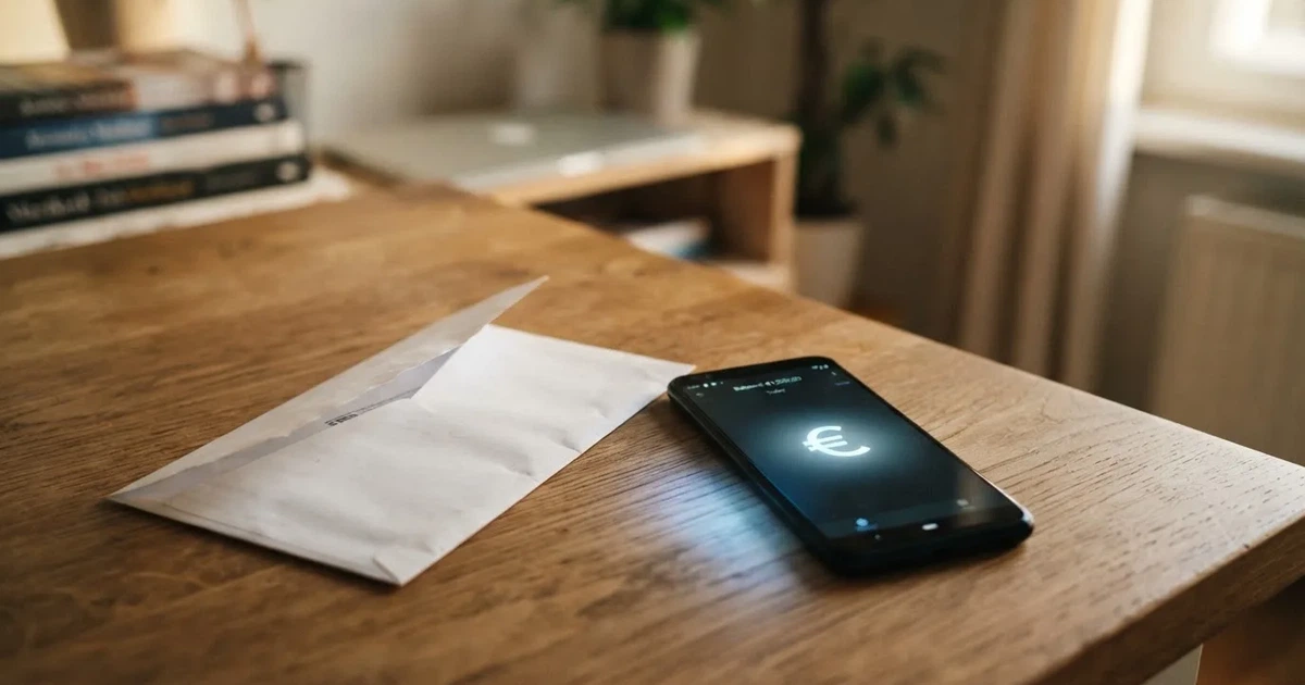 Ein leerer Umschlag und eine Münze liegen auf einer Tischplatte neben einem Smartphone mit dunklem Display.