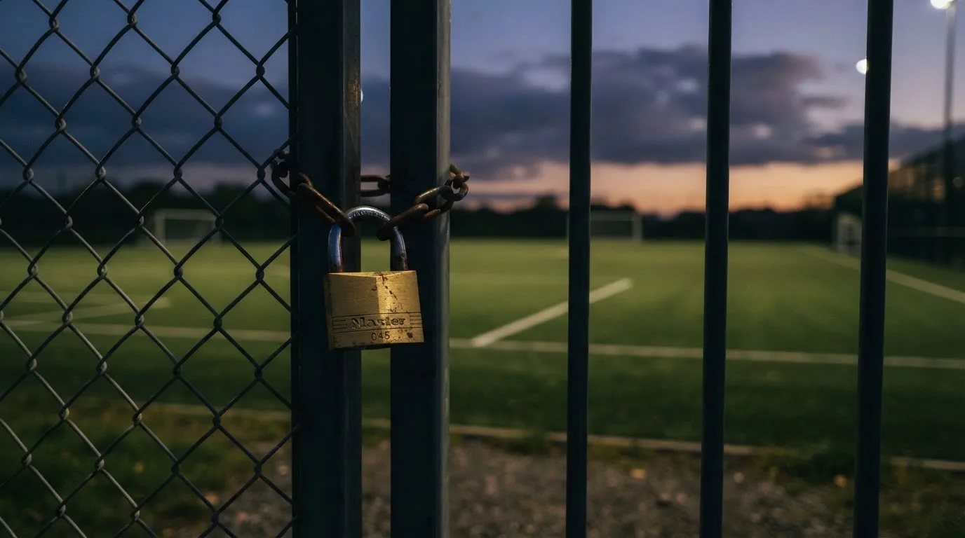 Ein Vorhängeschloss hängt an einem Metalltor in der Dämmerung, im Hintergrund unscharf ein Fußballplatz.