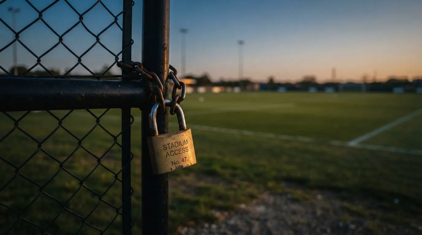 Ein Vorhängeschloss hängt an einem Metalltor in der Dämmerung, im Hintergrund unscharf ein leerer Fußballplatz.