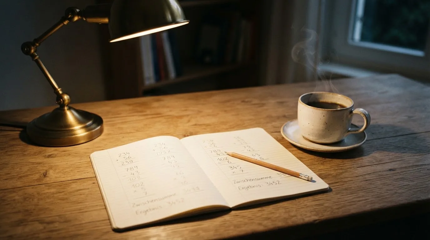 Ein Taschenrechner und ein Bleistift liegen auf einem Schreibtisch neben einer Tasse Kaffee im Licht einer Lampe.