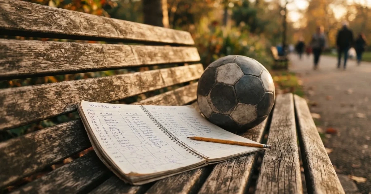 Ein Notizbuch mit handschriftlichen Zahlenkolonnen und ein Bleistift liegen neben einem Fußball auf einer Holzbank.